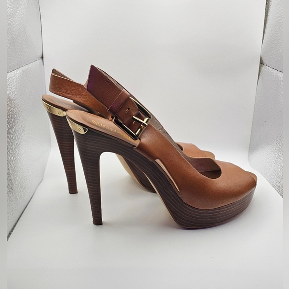 Michael Michael Kors Brown Leather Slingback Peep Toe Platform Heels - Sz 8 - Picture 4 of 7